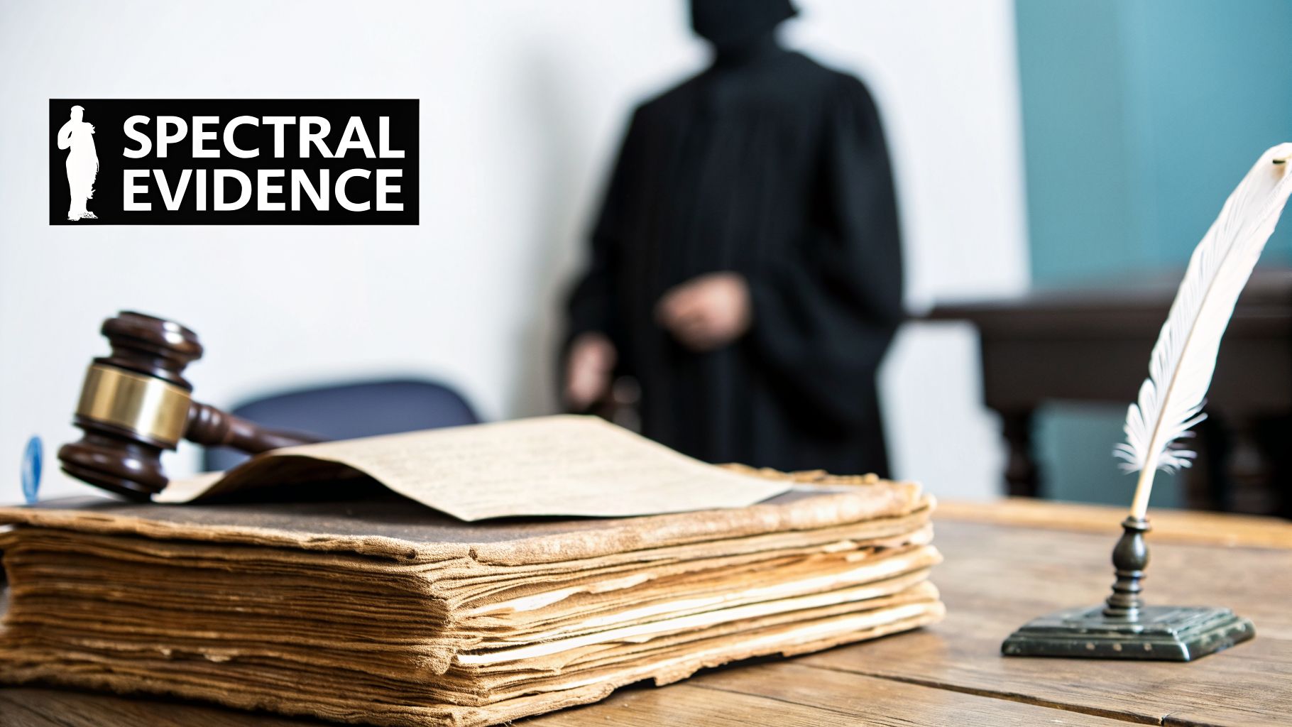 A gavel, old book, and quill pen on a table, with a blurred judge and 'SPECTRAL EVIDENCE' text.