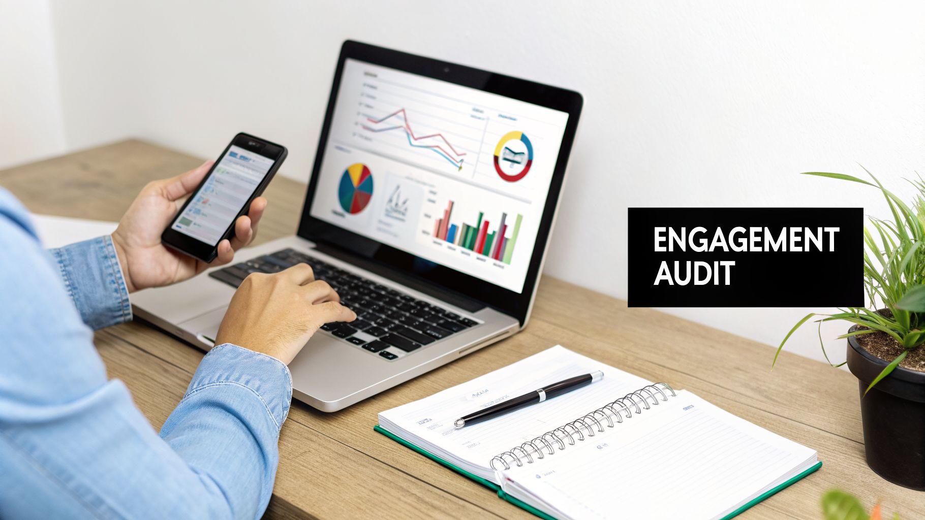 A person reviewing engagement audit data on a laptop with charts and a smartphone in hand.