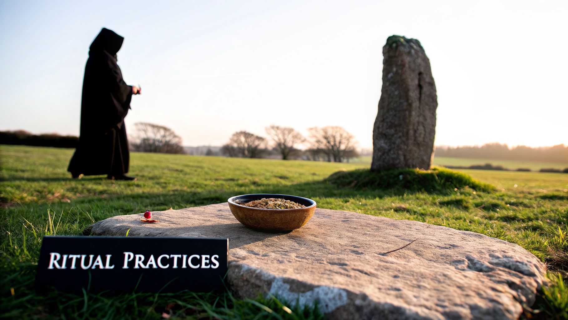 A robed figure performs ritual practices in a field with an offering bowl on a stone at sunrise.