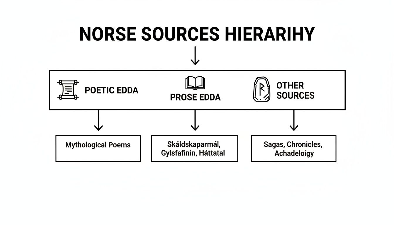 Flowchart showing the hierarchy of Norse mythology sources, including Poetic Edda, Prose Edda, sagas, and chronicles.