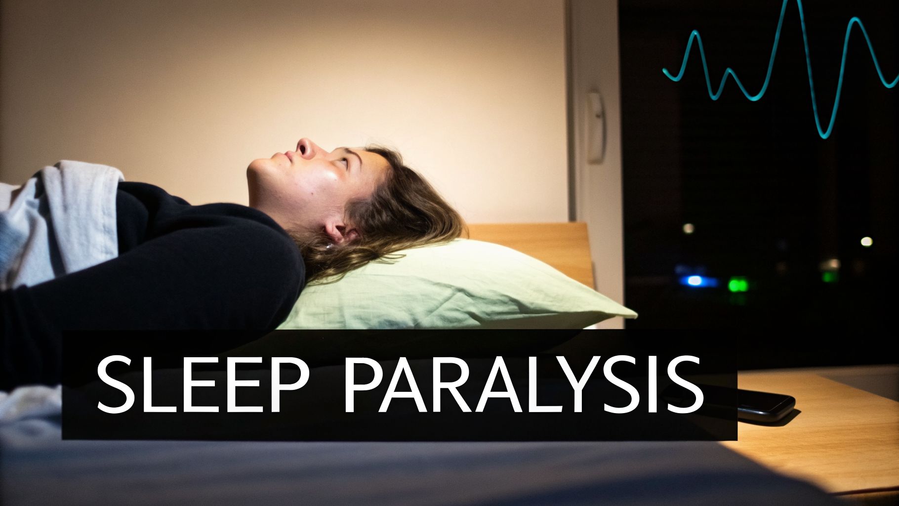 A person lying awake in bed at night, looking distressed, with a blue waveform overhead and 'SLEEP PARALYSIS' text.