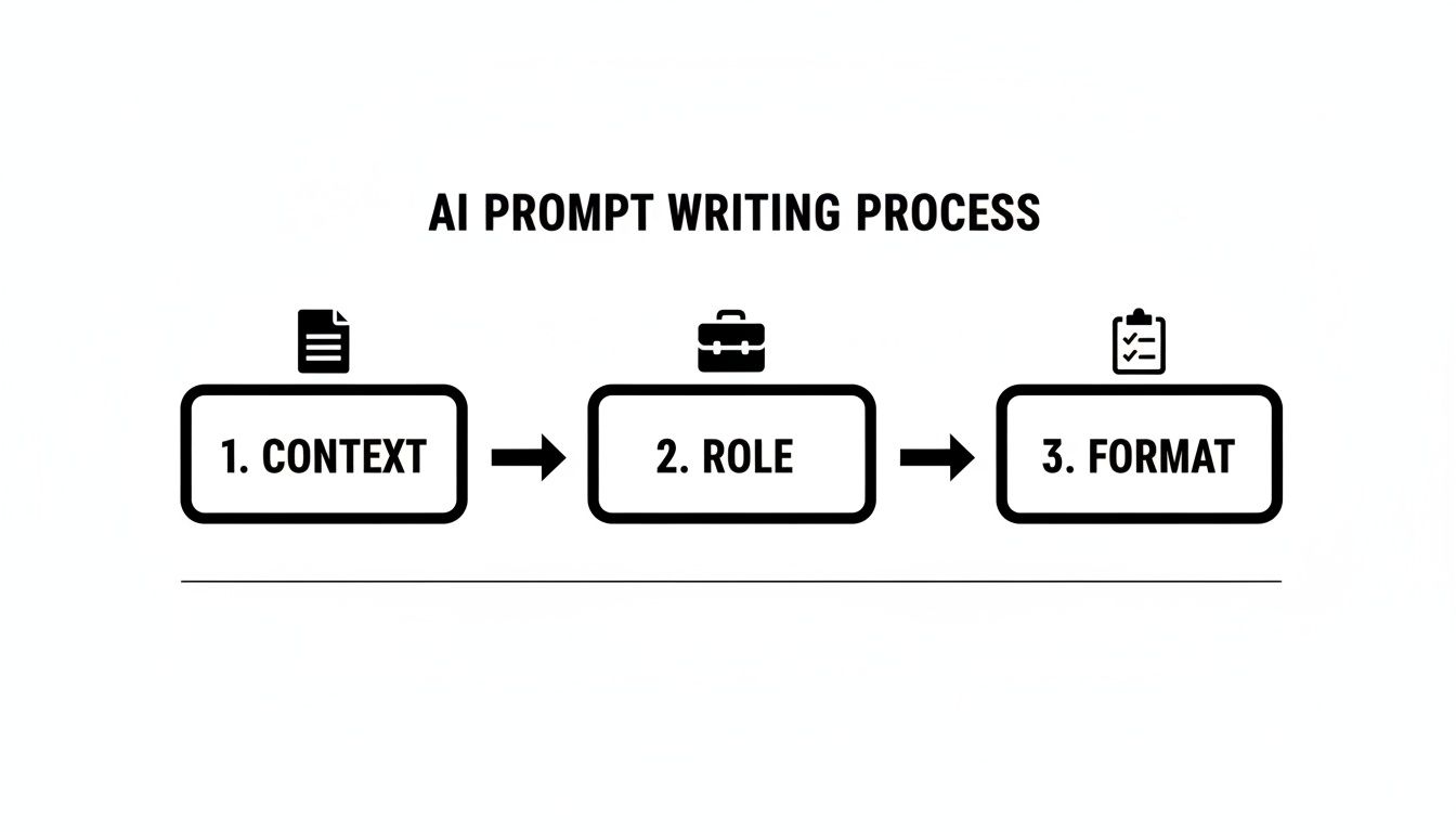 A clear flowchart illustrating the AI prompt writing process with steps: Context, Role, and Format.
