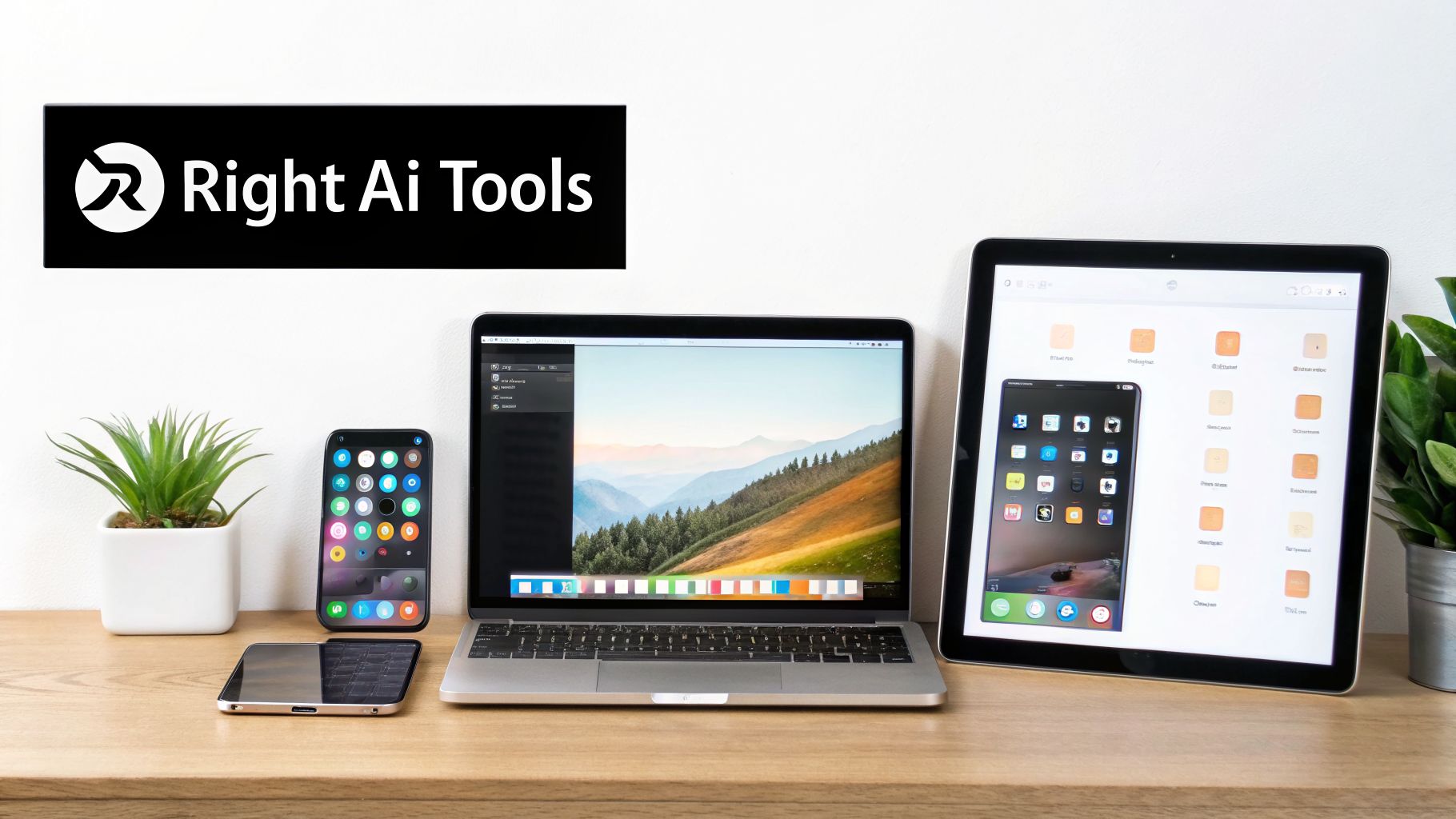 A modern digital workspace featuring a laptop, tablet, and two smartphones on a wooden desk, with an 'Right Ai Tools' sign.