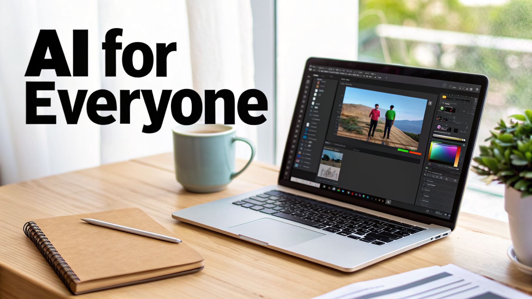 A laptop on a wooden desk showing video editing software and text 'AI for Everyone'.