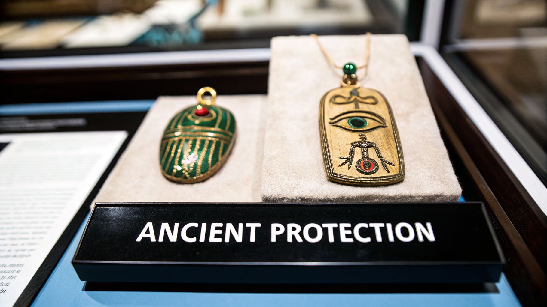 Two ancient Egyptian amulets, a green scarab and an Eye of Horus pendant, displayed with a sign 'Ancient Protection'.