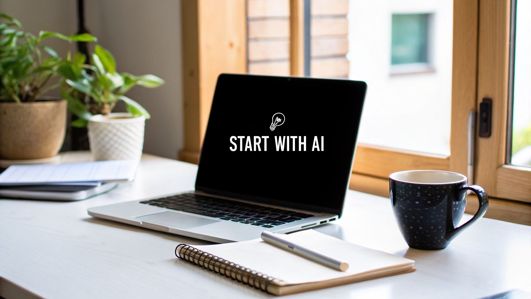 A laptop displaying 'START WITH AI' with a lightbulb icon, along with a notebook, pen, and coffee mug on a bright desk.