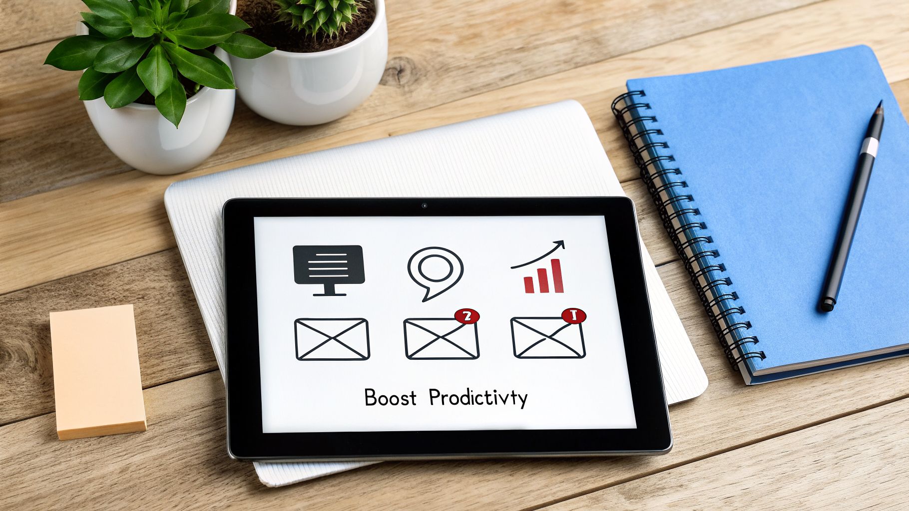 A tablet on a wooden desk displaying 'Boost Productivity' with email, chat, and graph icons, surrounded by office supplies.