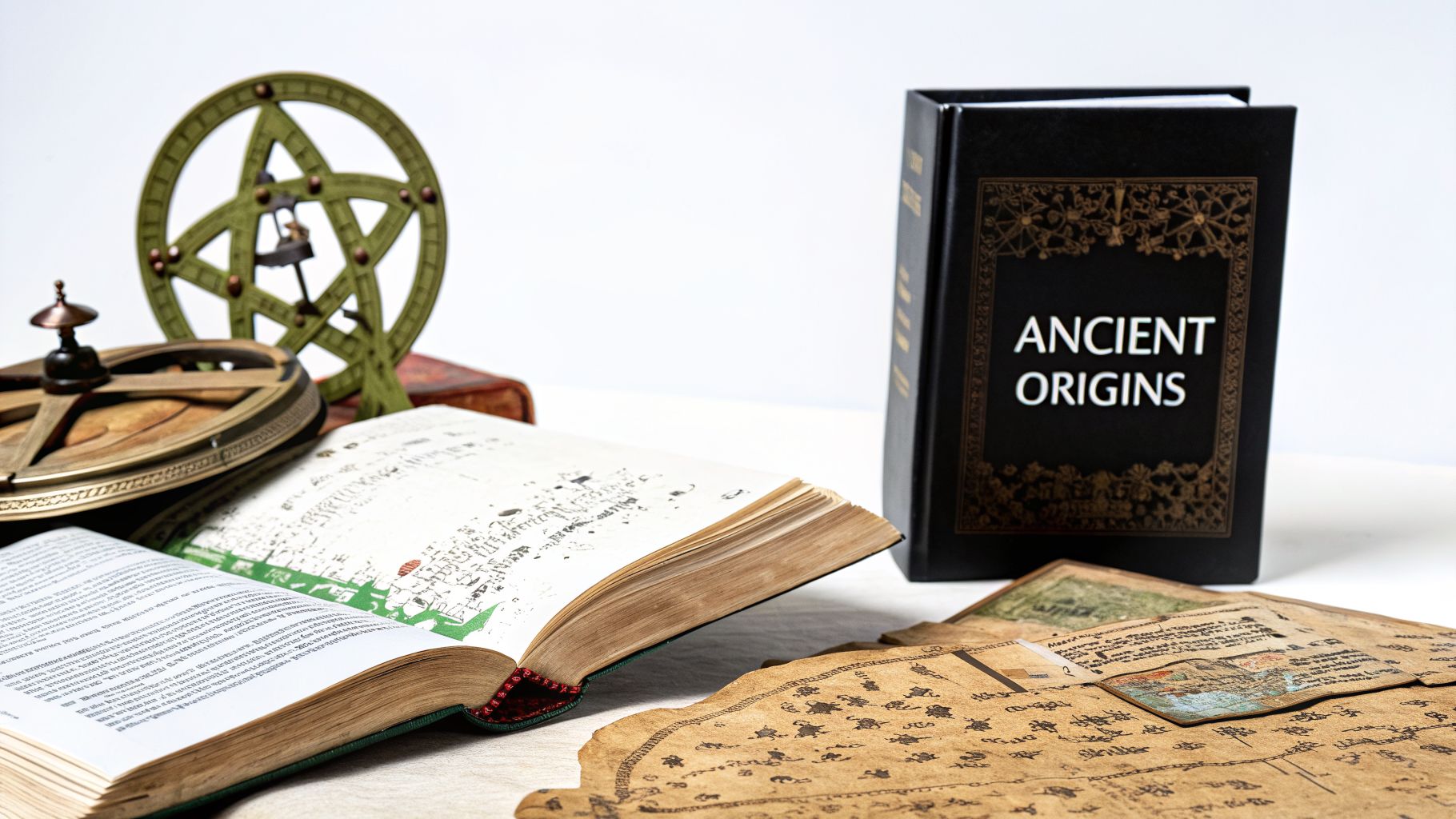 A collection of ancient artifacts, including an open book, old maps, an astrolabe, and a book titled 'ANCIENT ORIGINS'.