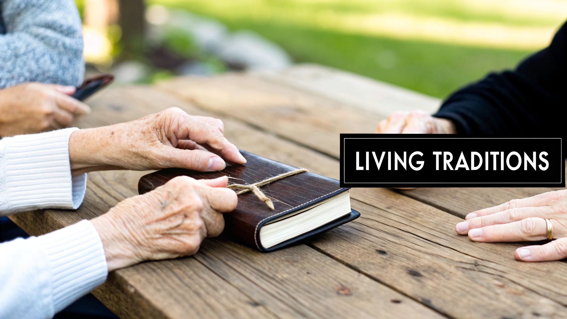 Elderly hands gather around a tied book on a rustic wooden table, embodying living traditions.