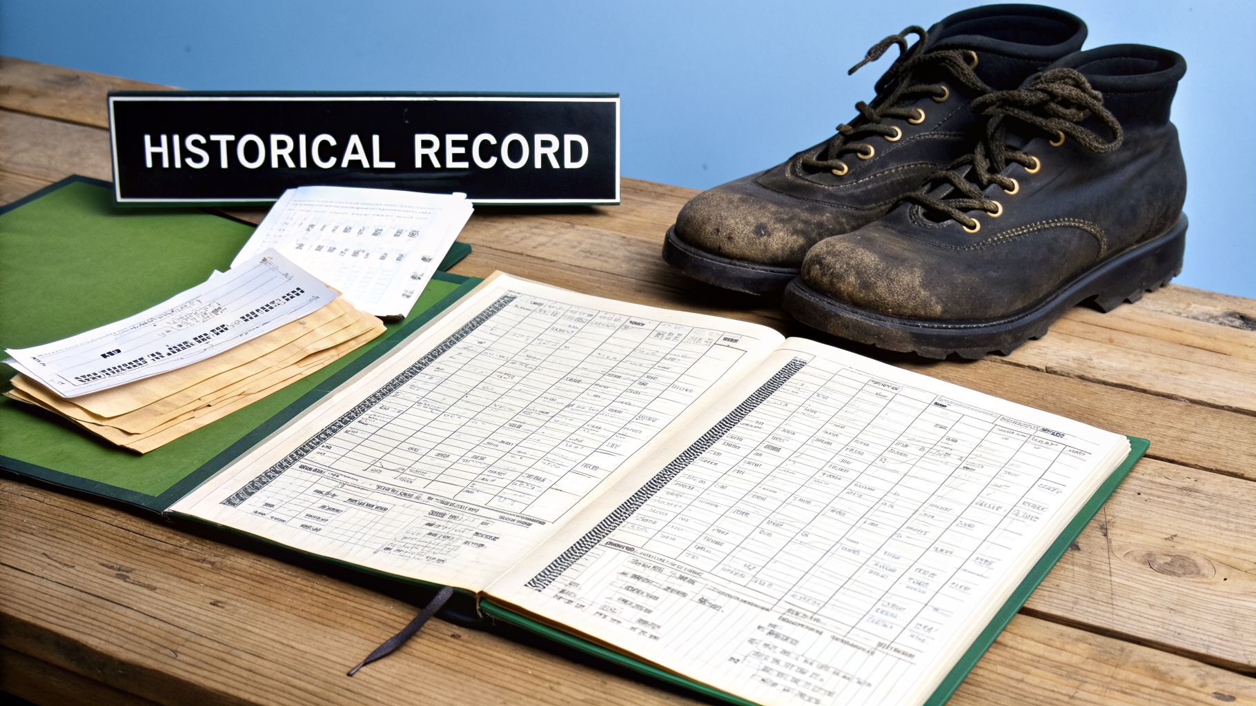 An open ledger, old documents, a "HISTORICAL RECORD" sign, and worn boots on a wooden table.