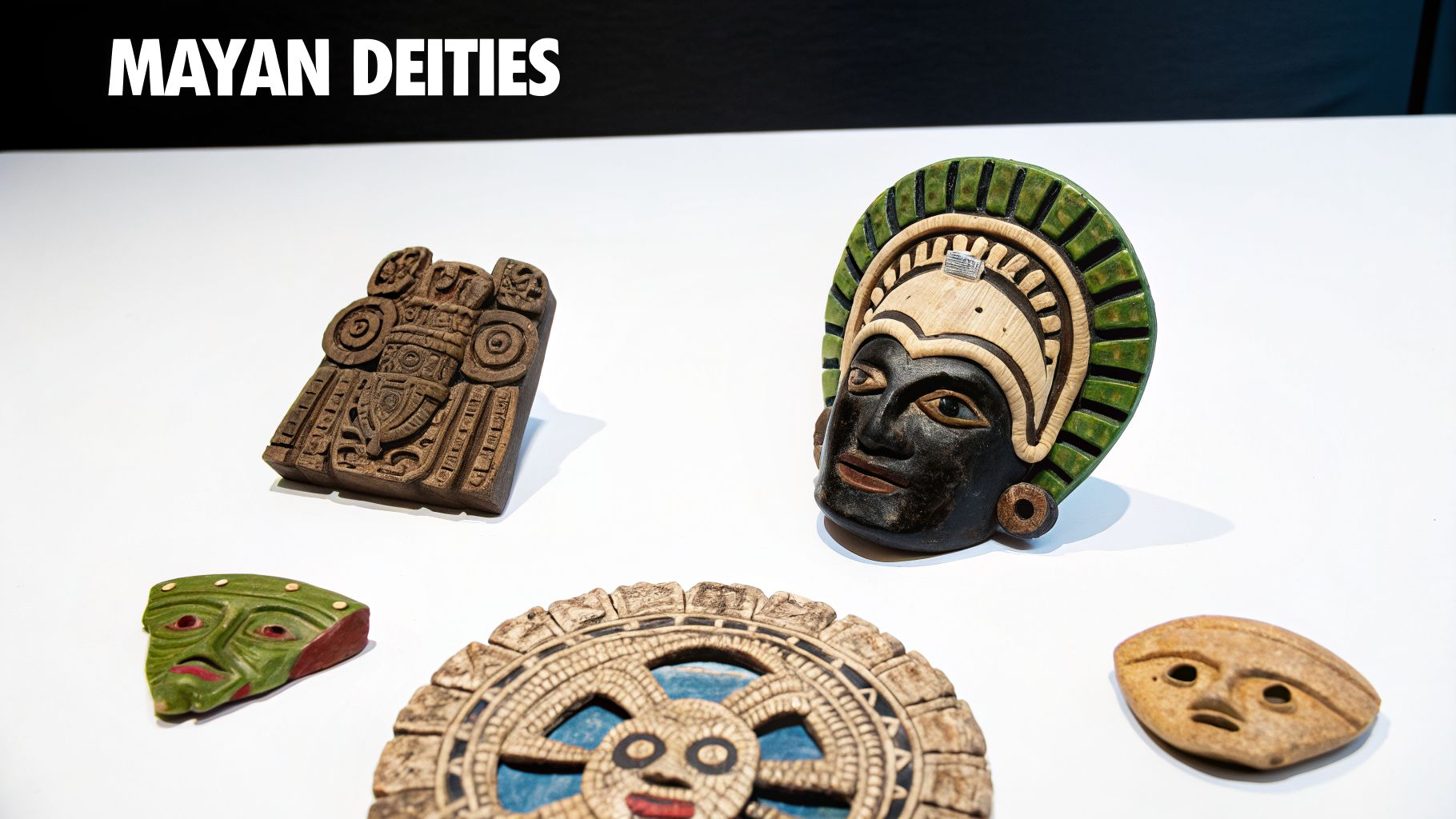 A diverse collection of colorful Mayan deity masks and carved artifacts displayed.