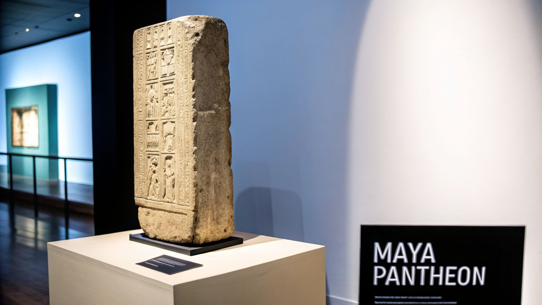 An ancient Maya carved stone stela on display in a museum with a "Maya Pantheon" sign.