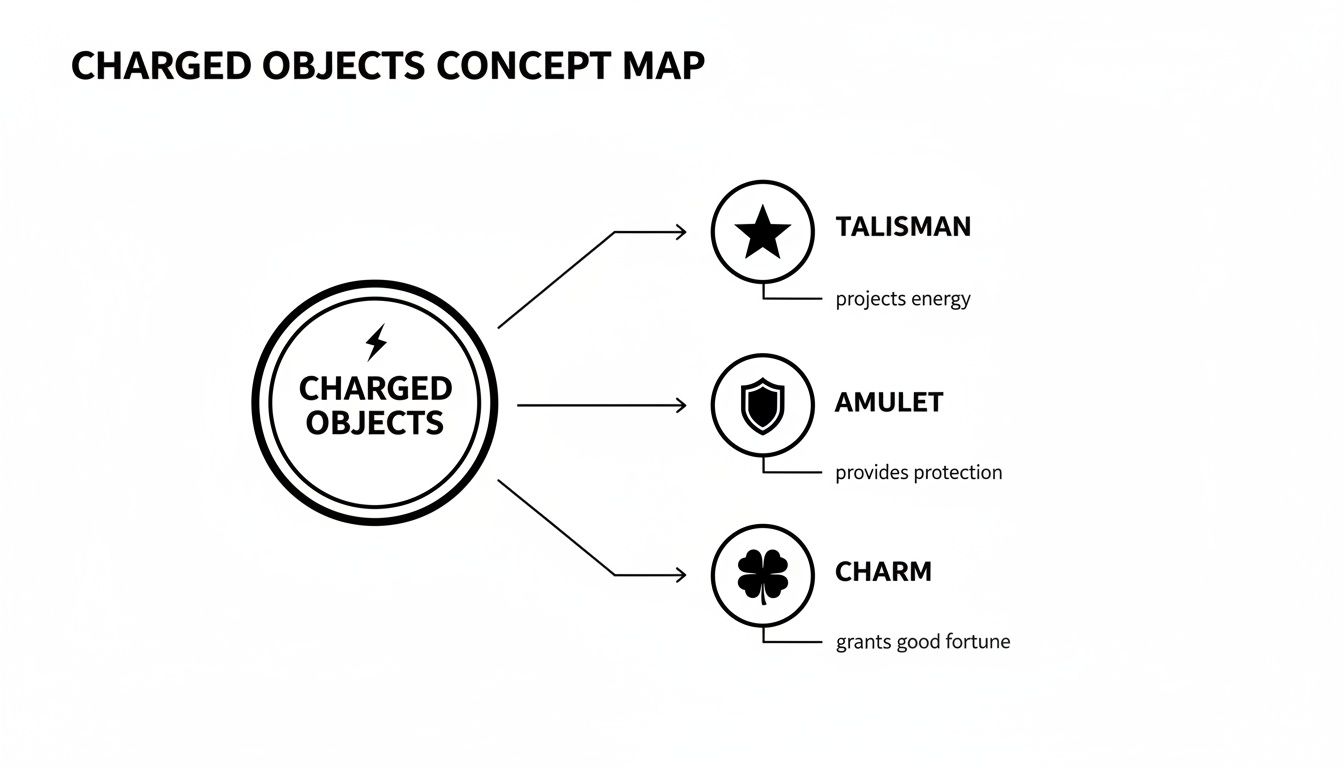A concept map defining charged objects: talisman projects energy, amulet provides protection, and charm grants good fortune.