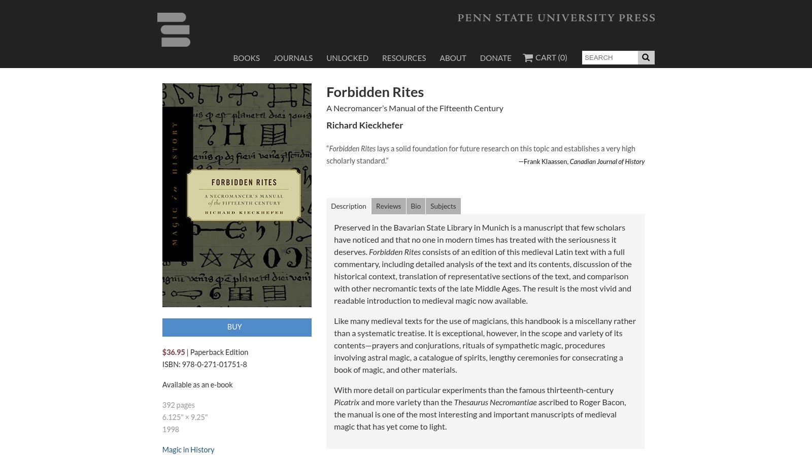 Forbidden Rites: A Necromancer’s Manual of the Fifteenth Century, Richard Kieckhefer (Penn State University Press, Magic in History)
