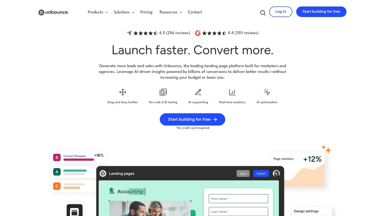 Unbounce platform interface showing AI-powered landing page builder