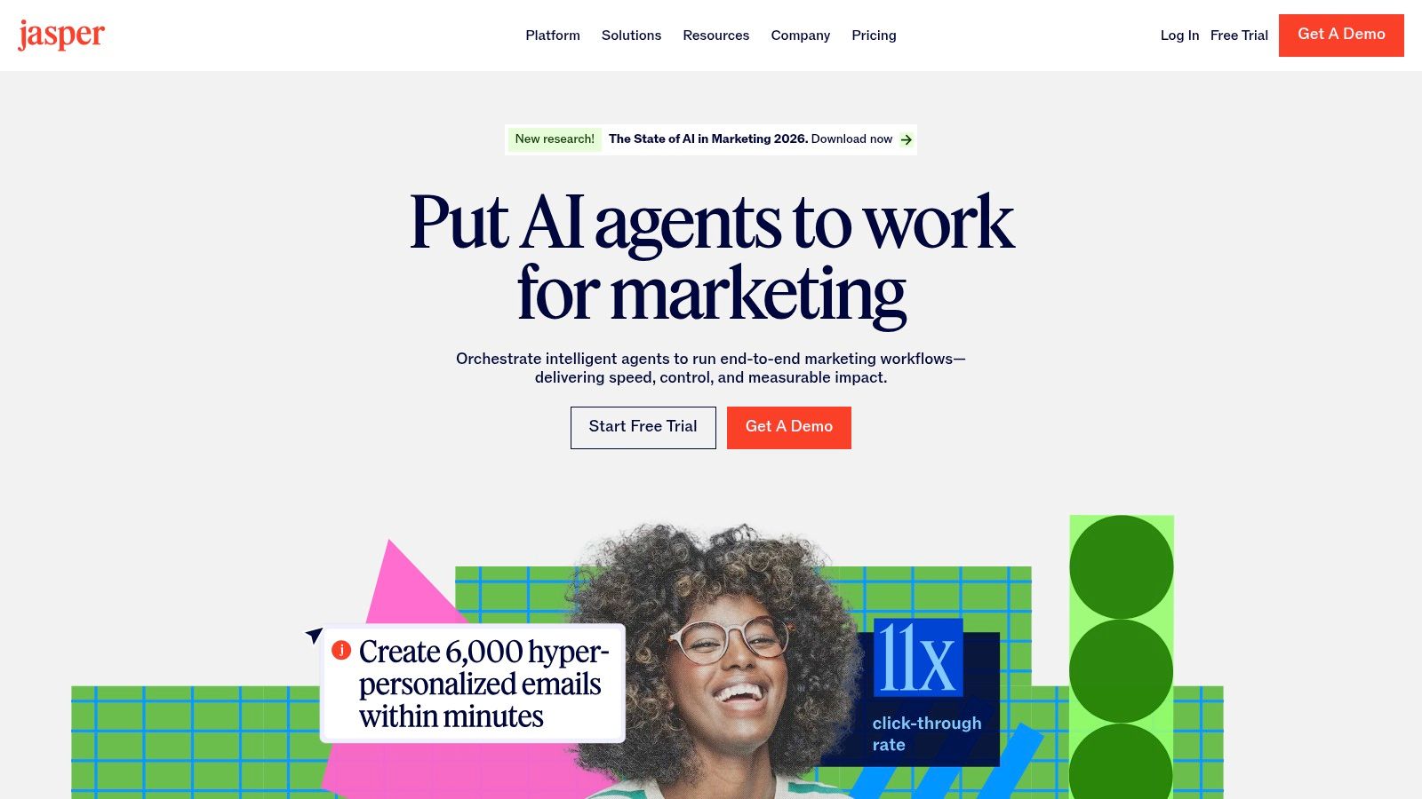 Jasper AI platform interface showing content creation tools for marketing