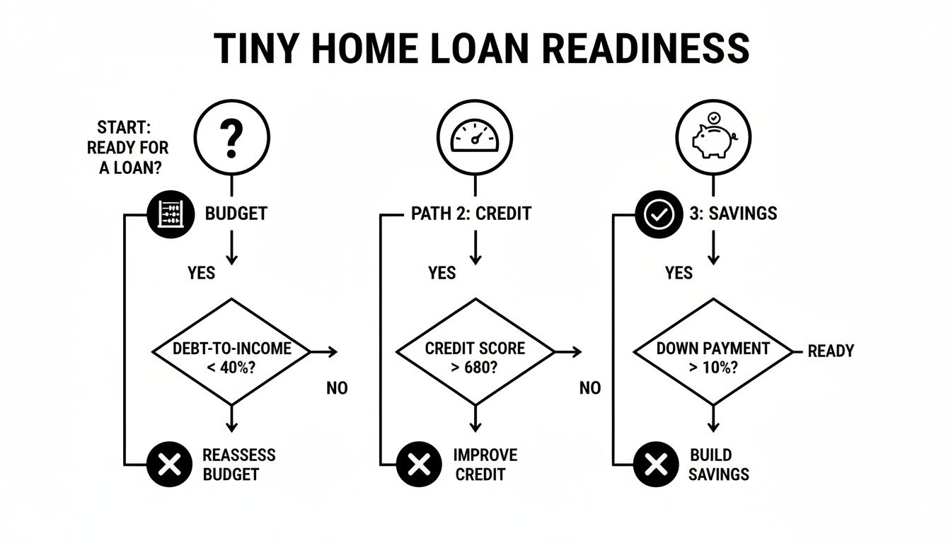 Flowchart illustrating the steps for tiny home loan readiness, covering budget, credit score, and down payment requirements.