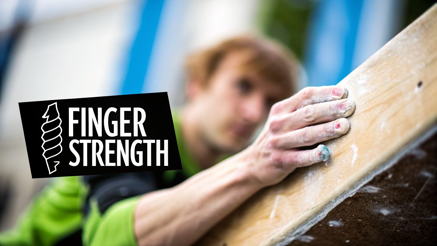 A male climber with chalked hands gripping a wooden hangboard, with 'FINGER STRENGTH' text overlay.