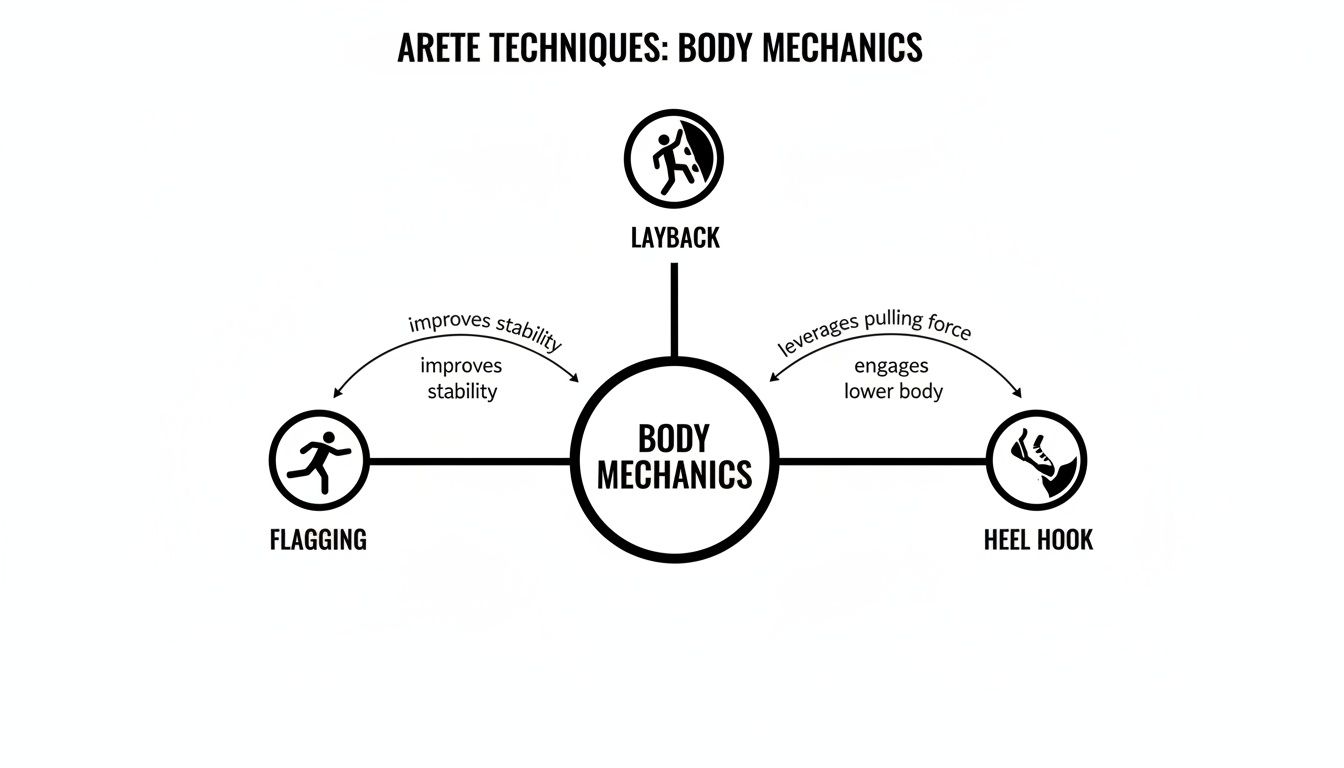 Diagram illustrating Arete rock climbing body mechanics techniques: Layback, Flagging for stability, and Heel Hook for pulling force.