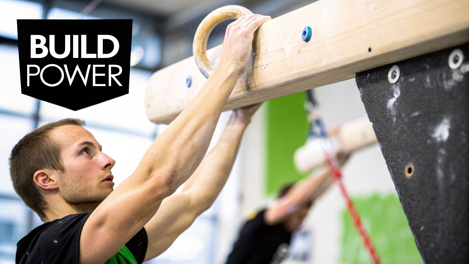 Two athletes training in a gym, one gripping a wooden beam with rings, text 'BUILD POWER'.
