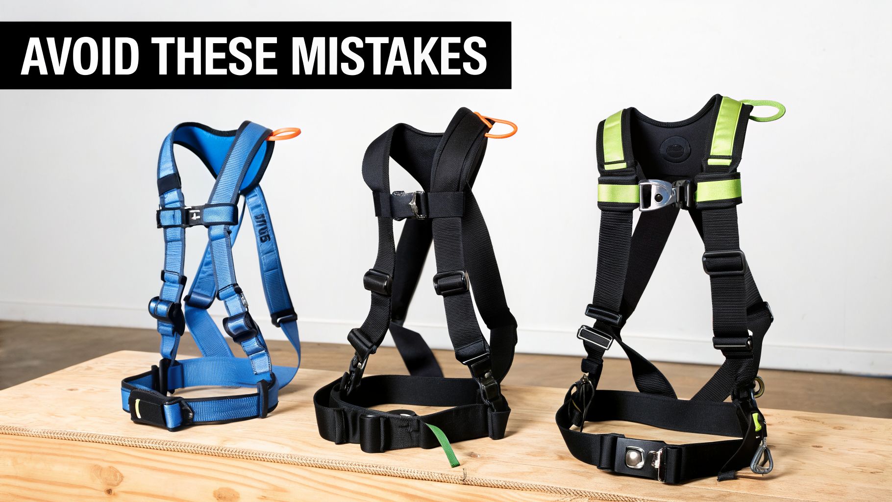 Three different safety harnesses displayed on a wooden surface, with a text overlay about avoiding mistakes.