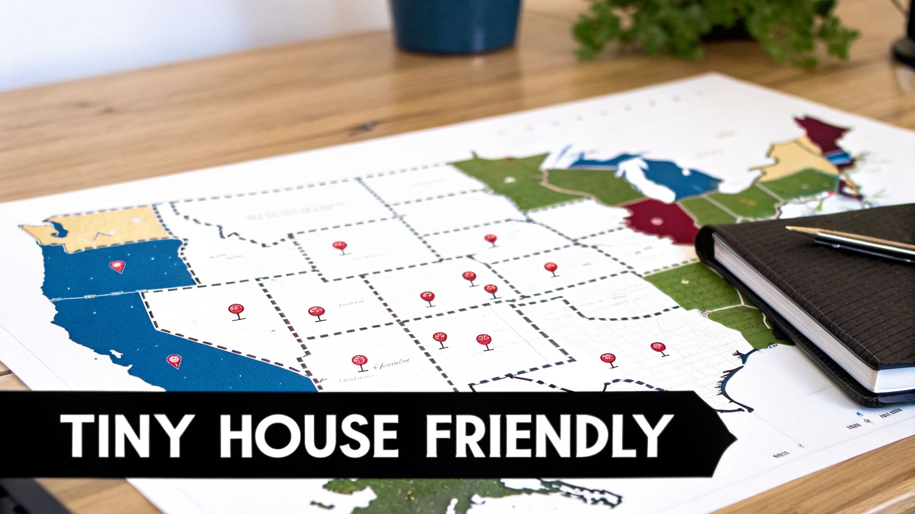 A map of the United States showing states with tiny house friendly zoning laws, marked with red pins.
