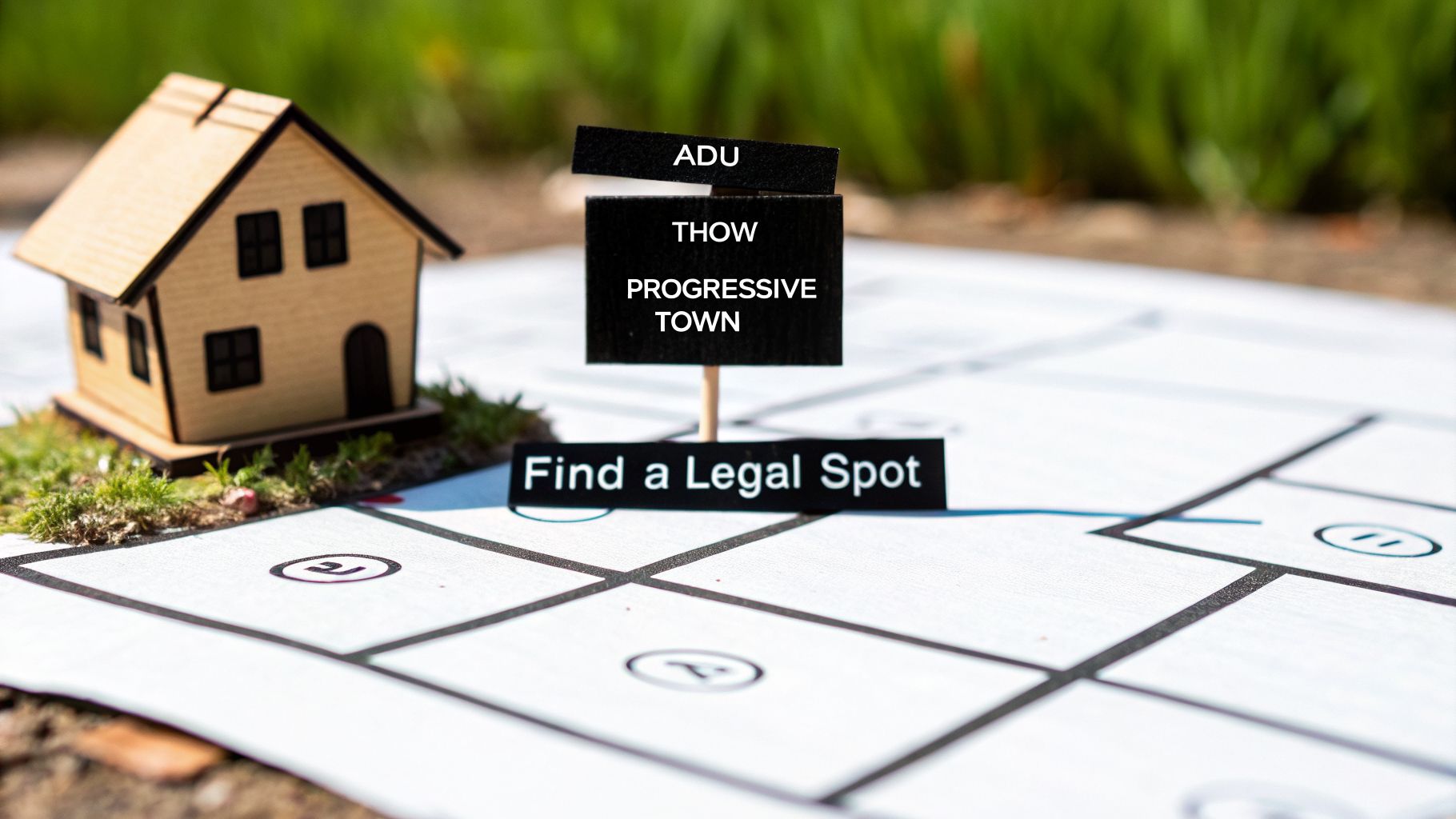 A miniature house on a game board with signs about ADUs, THOWs, and finding legal spots for housing.