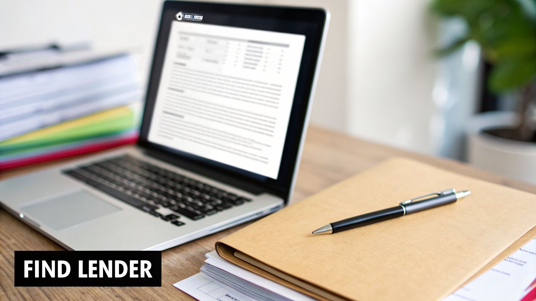 A laptop on a wooden desk with documents, a pen, and a 'FIND LENDER' banner.