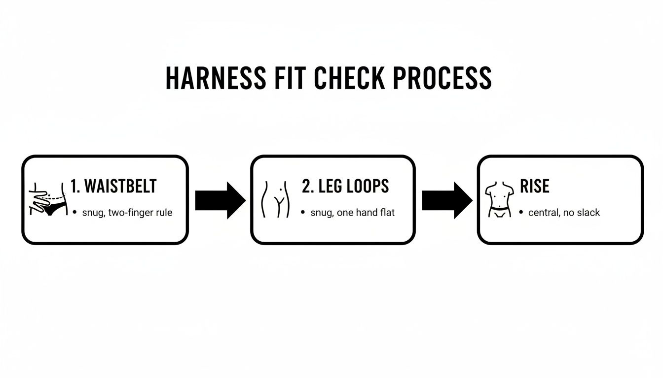Infographic detailing the three-step harness fit check process for climbing: waistbelt, leg loops, and rise with specific fitting rules.