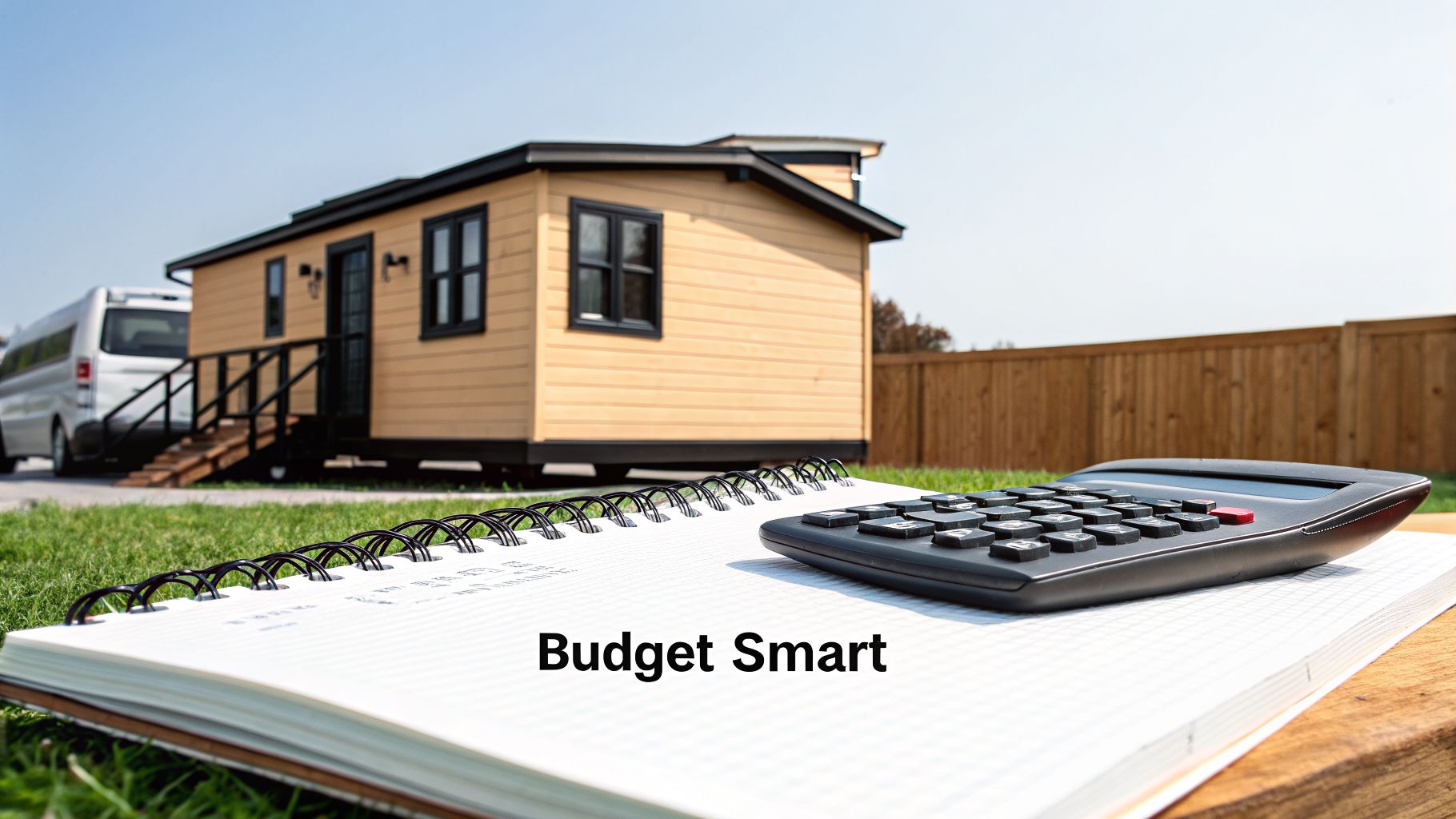 A calculator and notebook in front of a tiny house on wheels, suggesting financial planning.