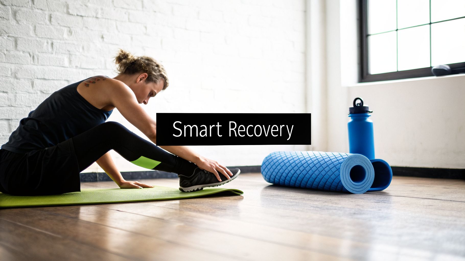 A person performs a recovery stretch on a green yoga mat in a light room.