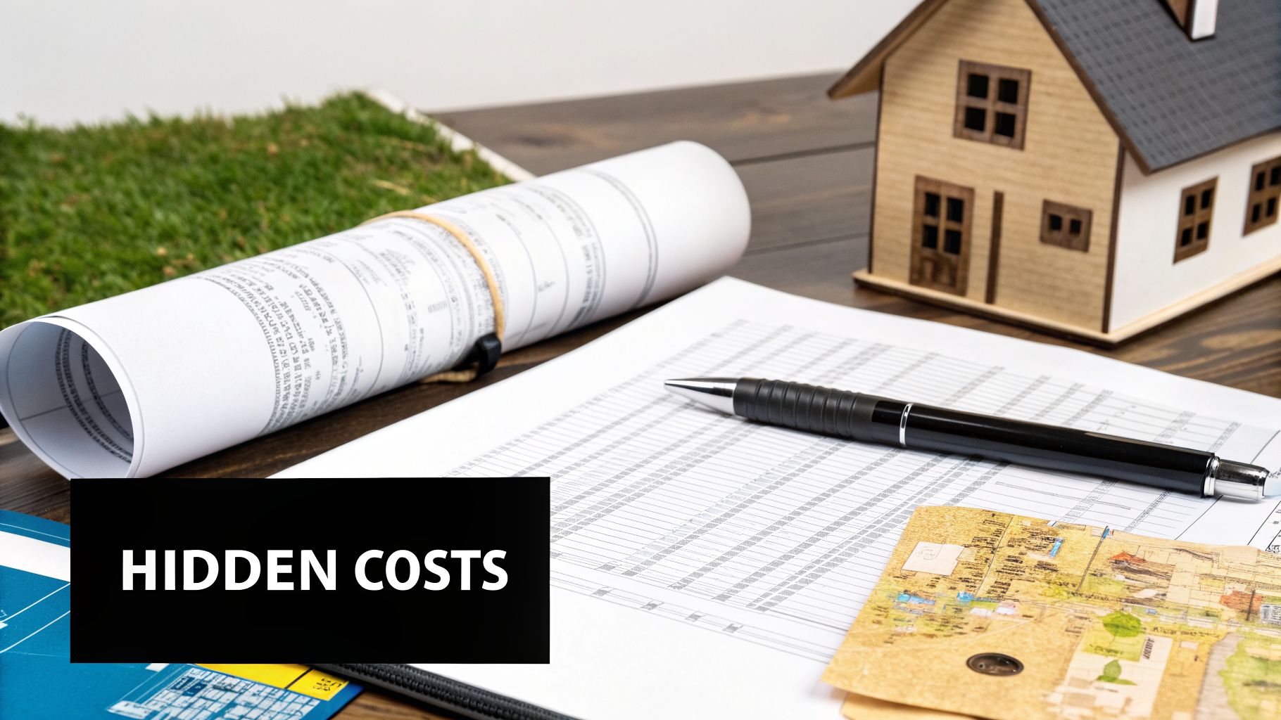 A desk with a tiny house model, rolled blueprints, a pen on a spreadsheet, and 'HIDDEN COSTS' text.
