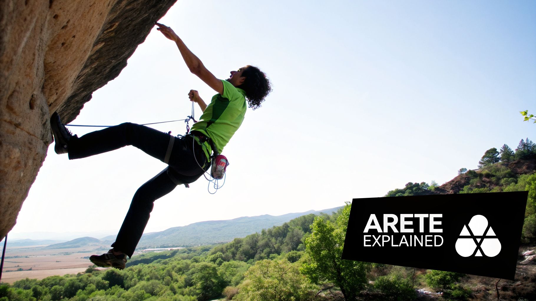 A climber in a green shirt and black pants ascends a rock face in a scenic outdoor environment.