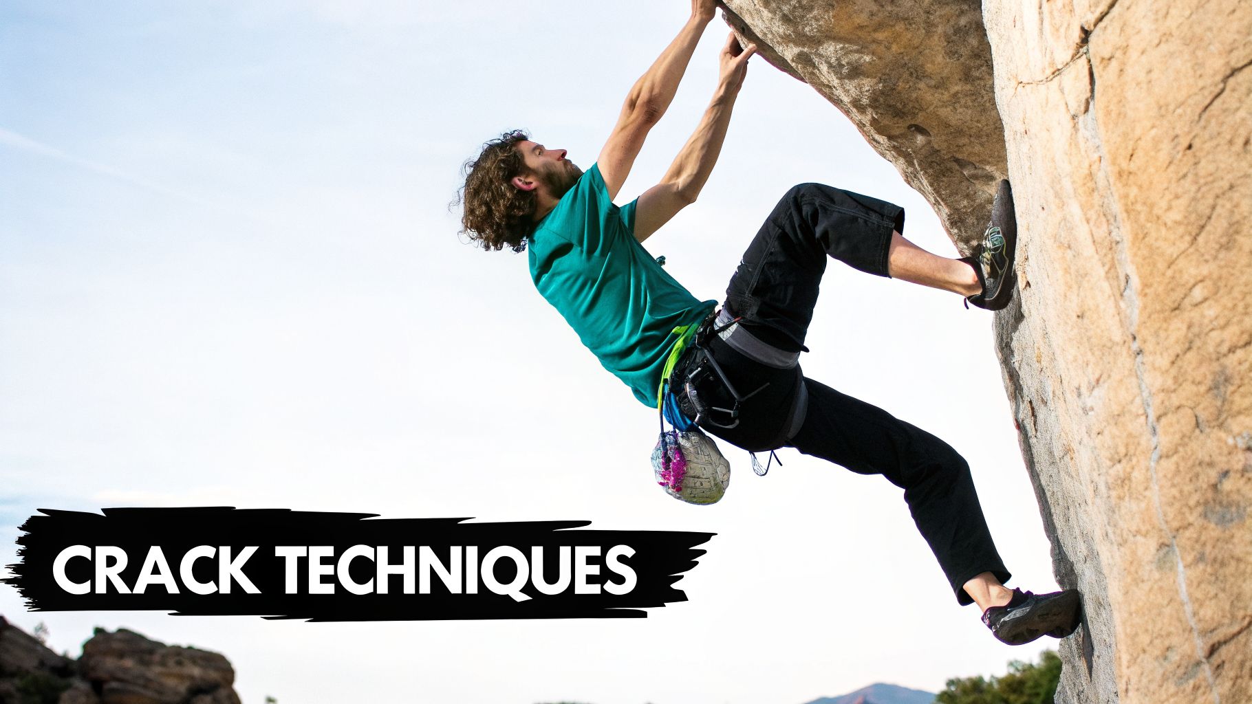 A male rock climber in a green shirt and black pants practices crack climbing techniques on a rock face.