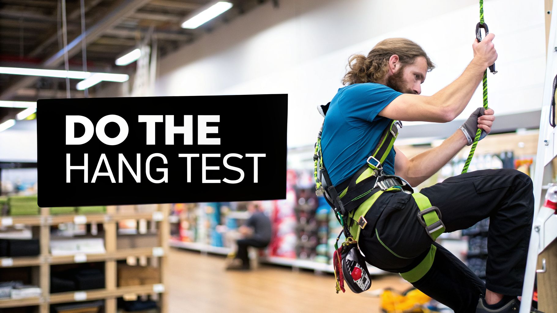 A man in a climbing harness performs a 'hang test' on a rope in an indoor setting.