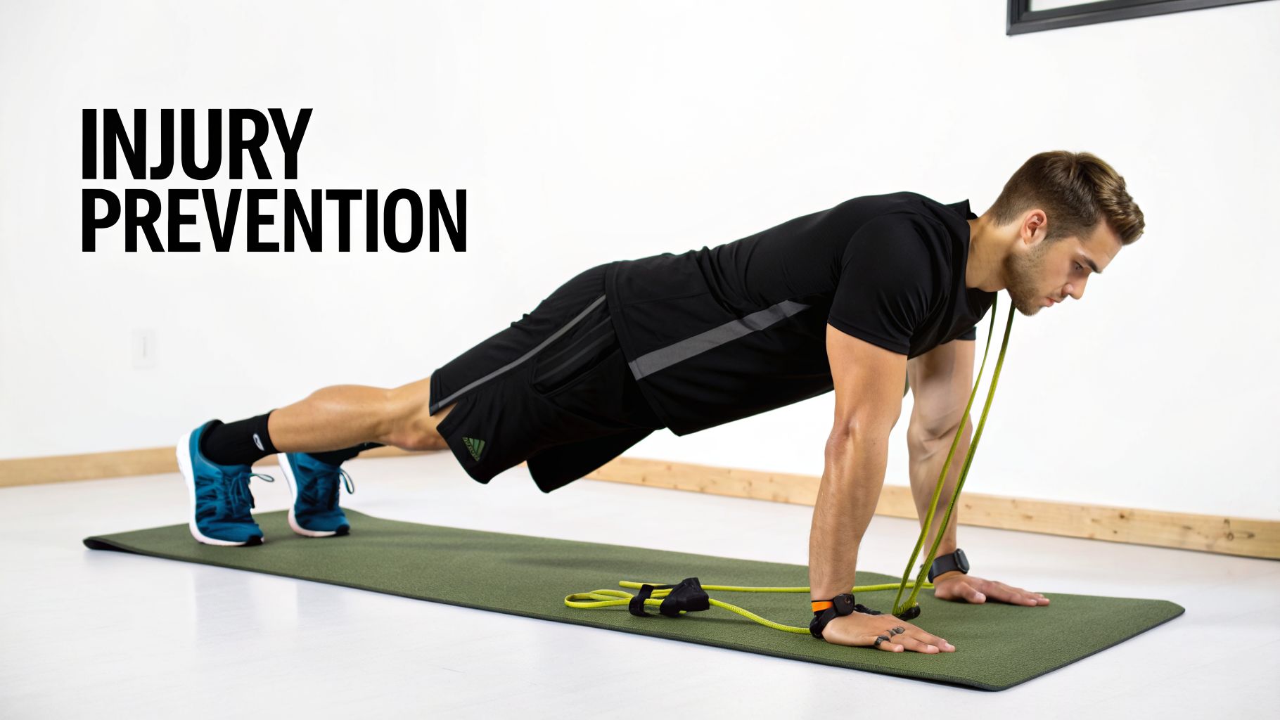 A man in athletic wear performs a plank exercise with resistance bands on a green mat.