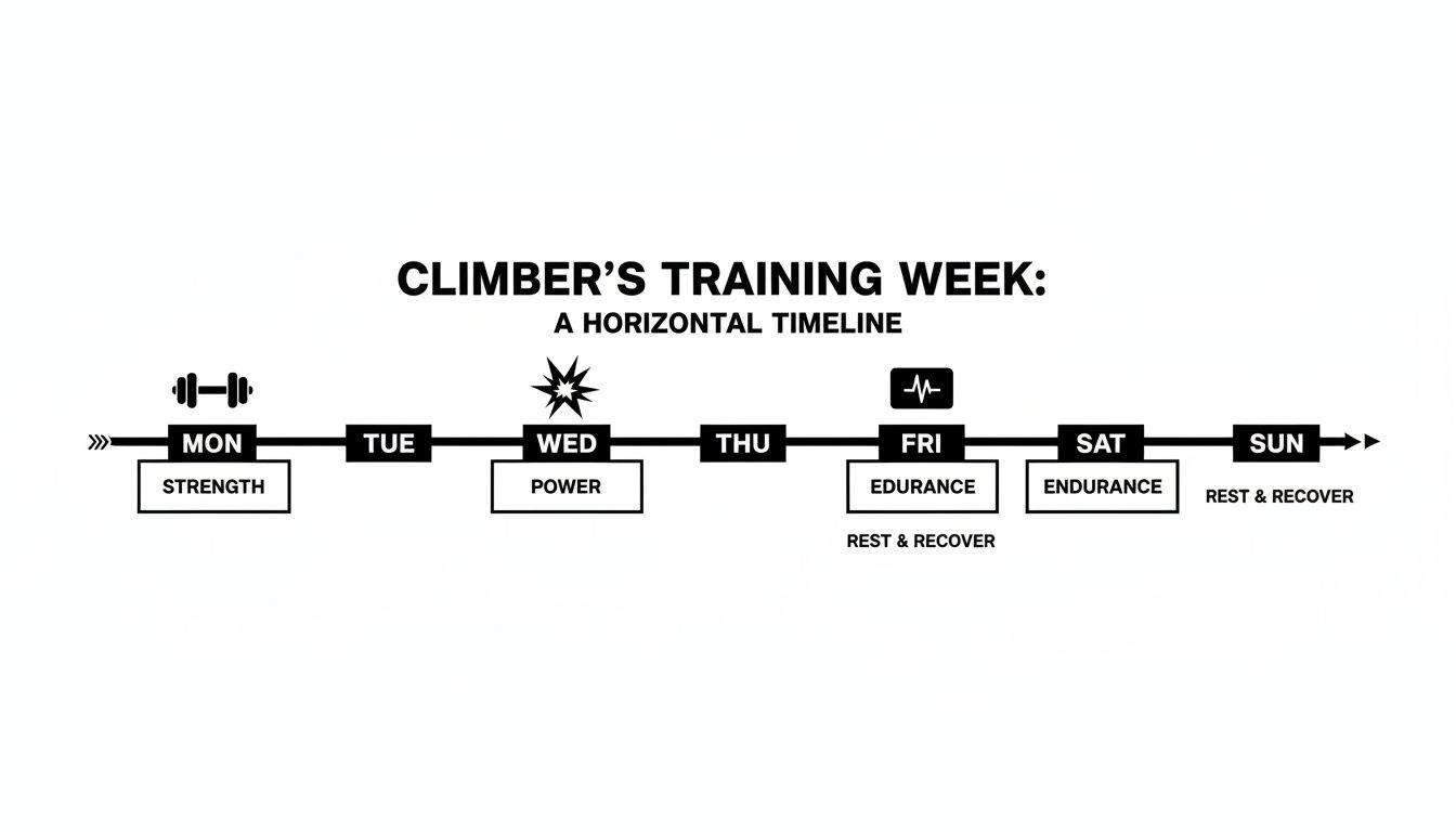 A horizontal timeline showing a climber's weekly training schedule: Strength, Power, Endurance, and Rest & Recovery.