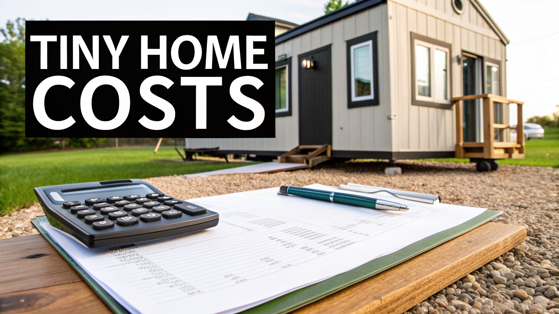 A calculator and documents on a clipboard with a tiny house and "TINY HOME COSTS" text.