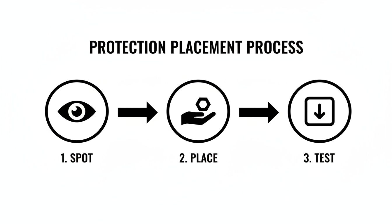 A three-step diagram outlining the protection placement process: spot, place, test, with icons.