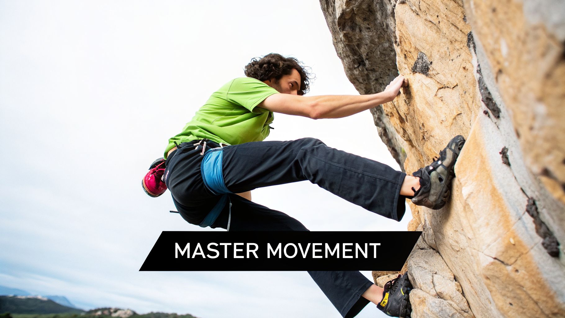 A male climber in a green shirt and black pants is ascending a rock face.