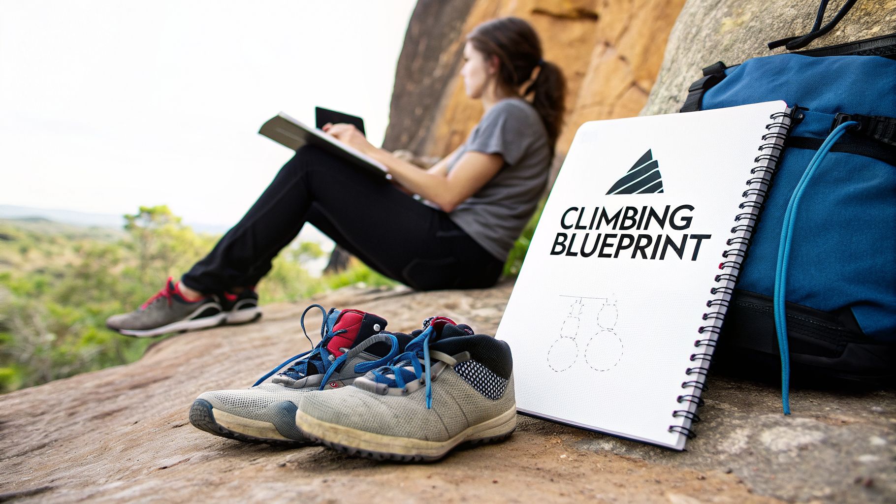 A person reads a climbing blueprint book outdoors with their climbing shoes and backpack nearby.
