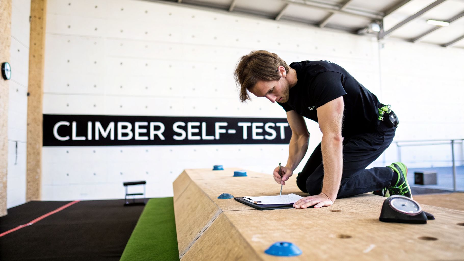 A man in athletic wear kneels on a wooden <a href=