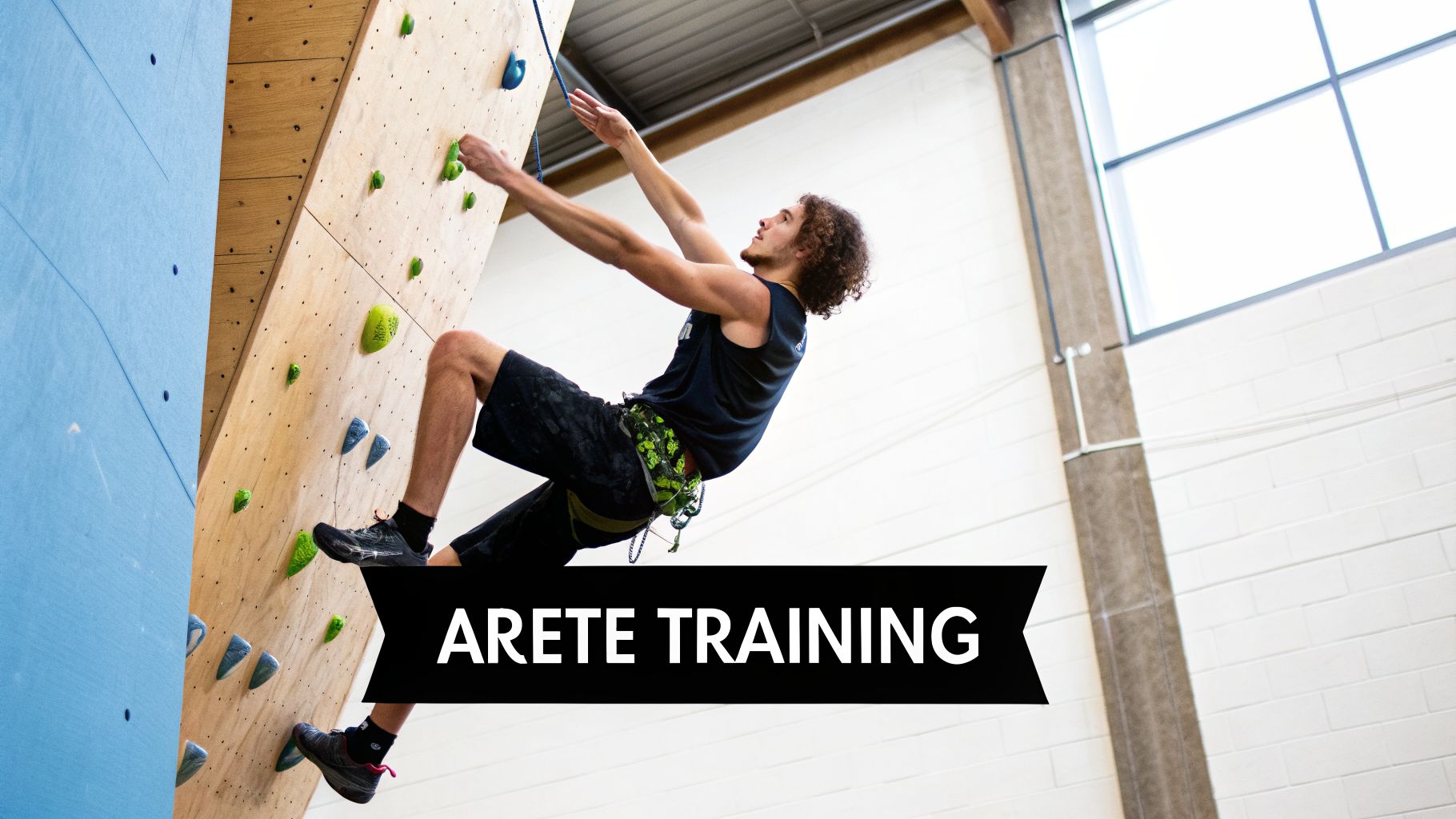 A male climber with curly hair ascending an indoor rock climbing wall with colorful holds.