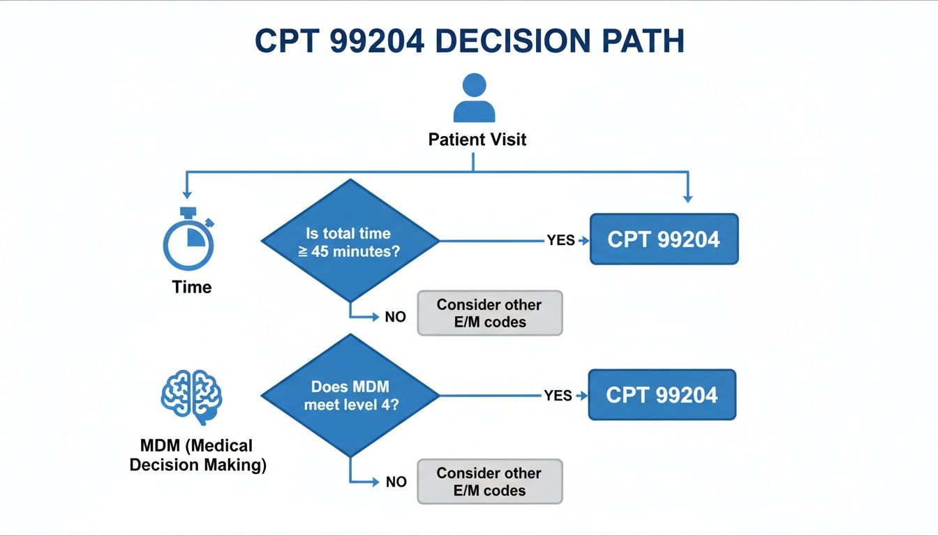 Flowchart illustrating the decision path for CPT code 99204 based on time or medical decision making.