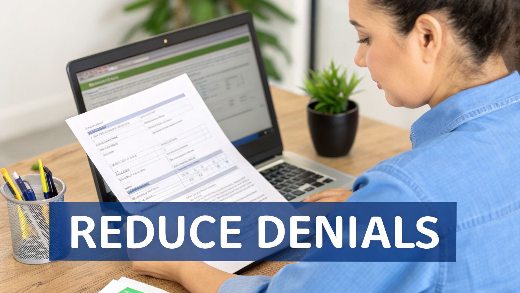 A woman reviews a document and laptop on a desk with a 'REDUCE DENIALS' overlay.