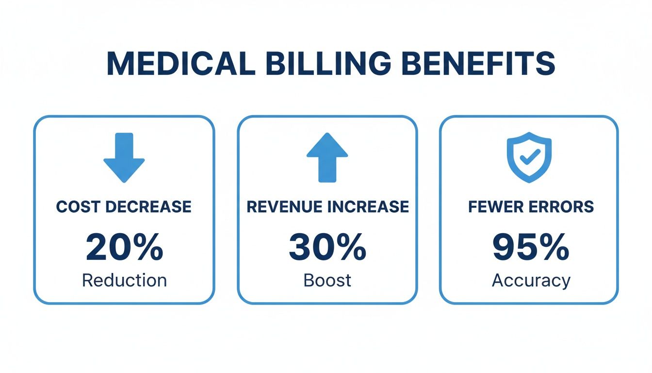 Infographic showing medical billing benefits: 20% cost decrease, 30% revenue increase, and 95% fewer errors.