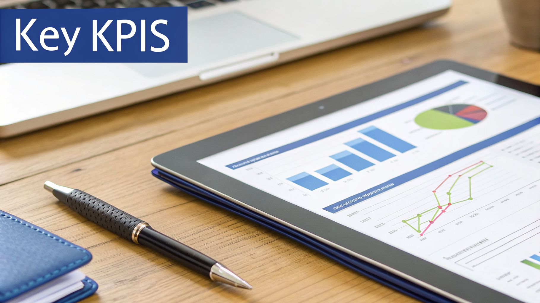 A tablet displays business charts and graphs with a laptop, pen, and notebook on a wooden desk, labeled 'Key KPIs'.