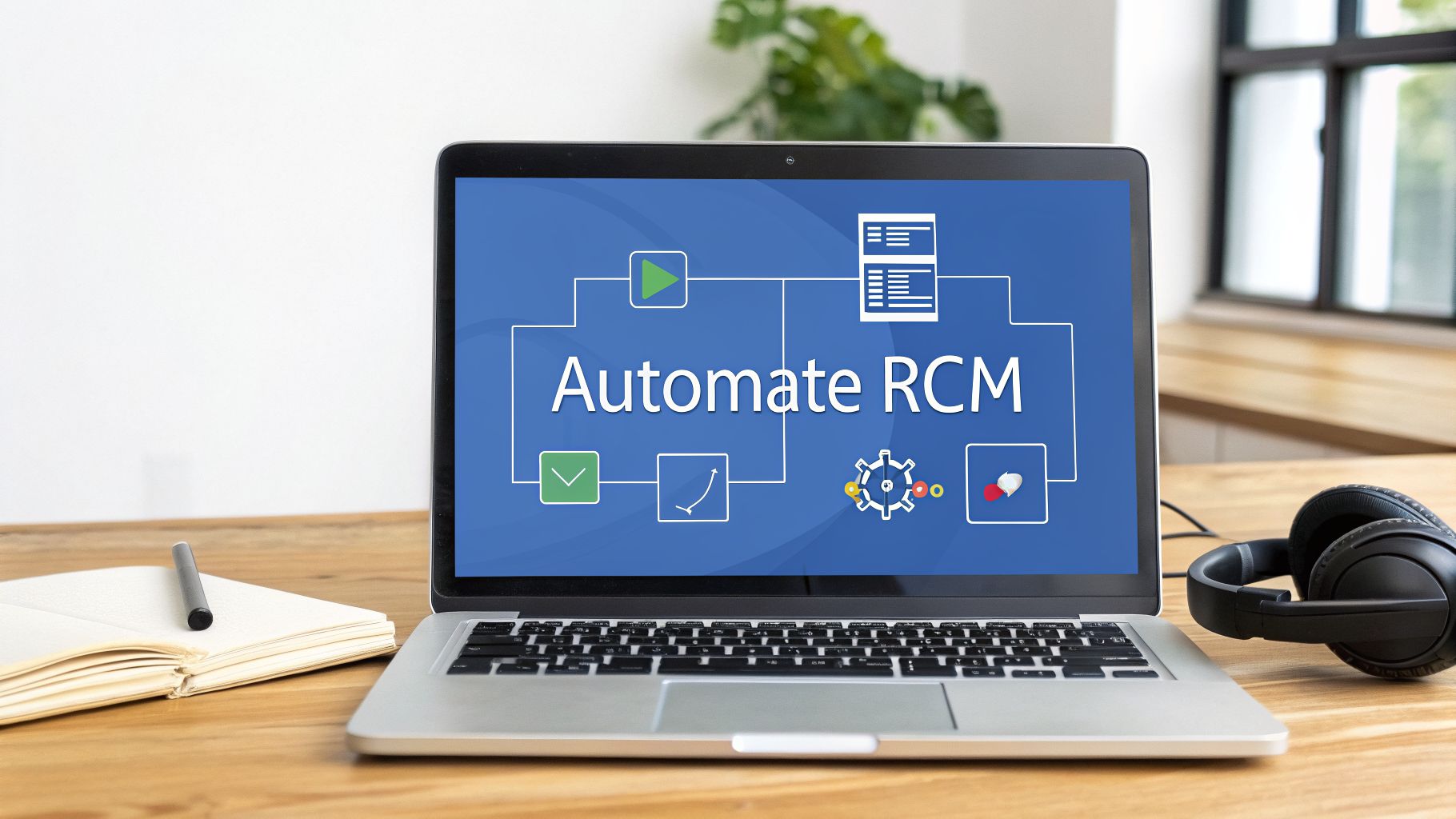 Laptop screen showing "Automate RCM" flowchart for healthcare revenue cycle management on a wooden desk.