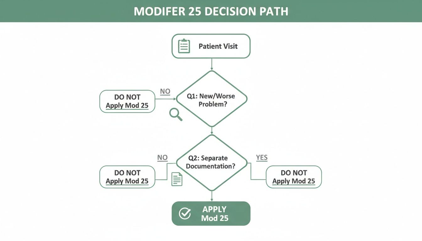 A decision path flowchart explaining when to apply CPT Modifier 25 in medical billing based on new problems and documentation.