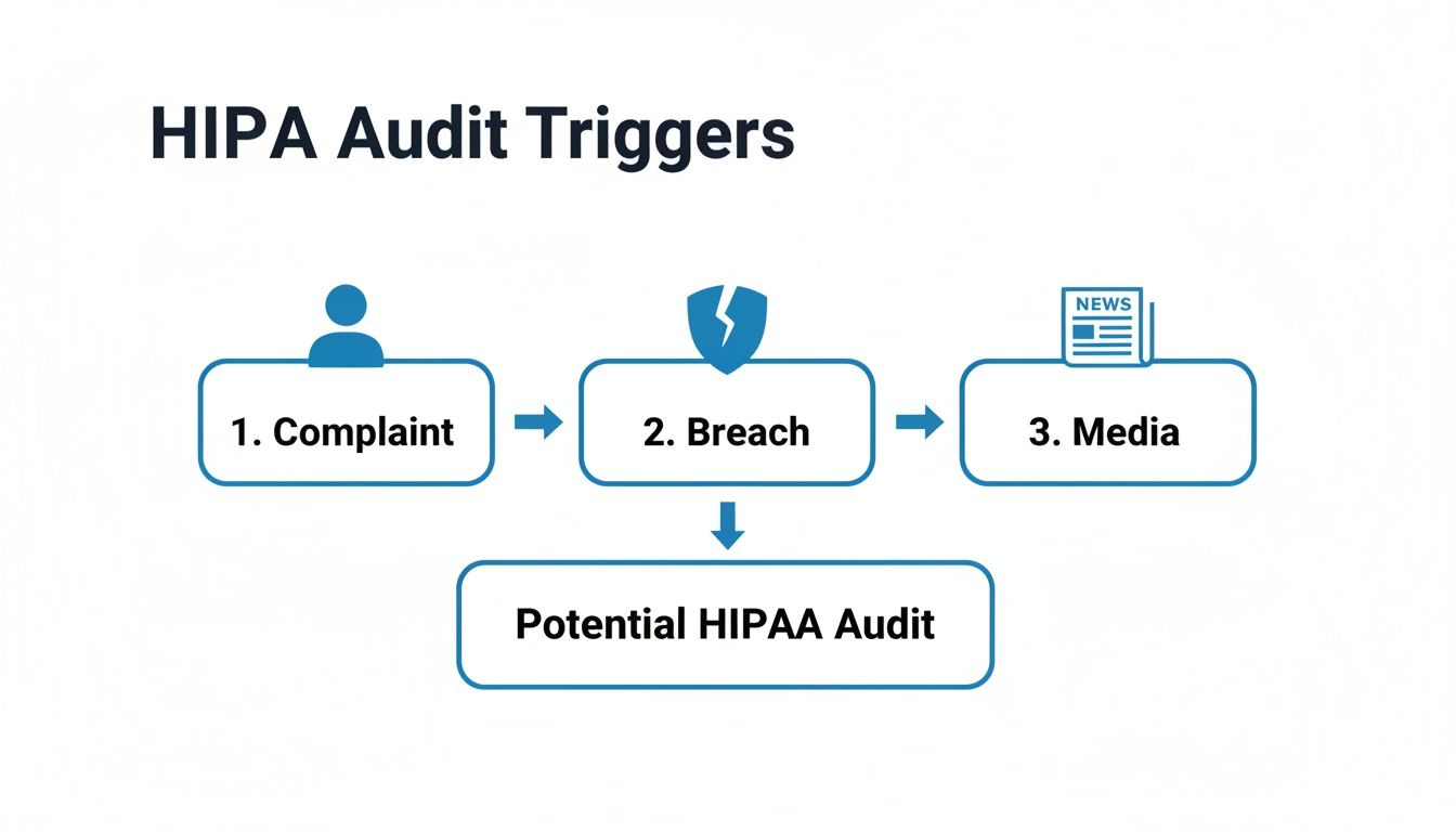 Flowchart showing HIPAA audit triggers: complaint, breach, and media coverage, leading to a potential HIPAA audit.